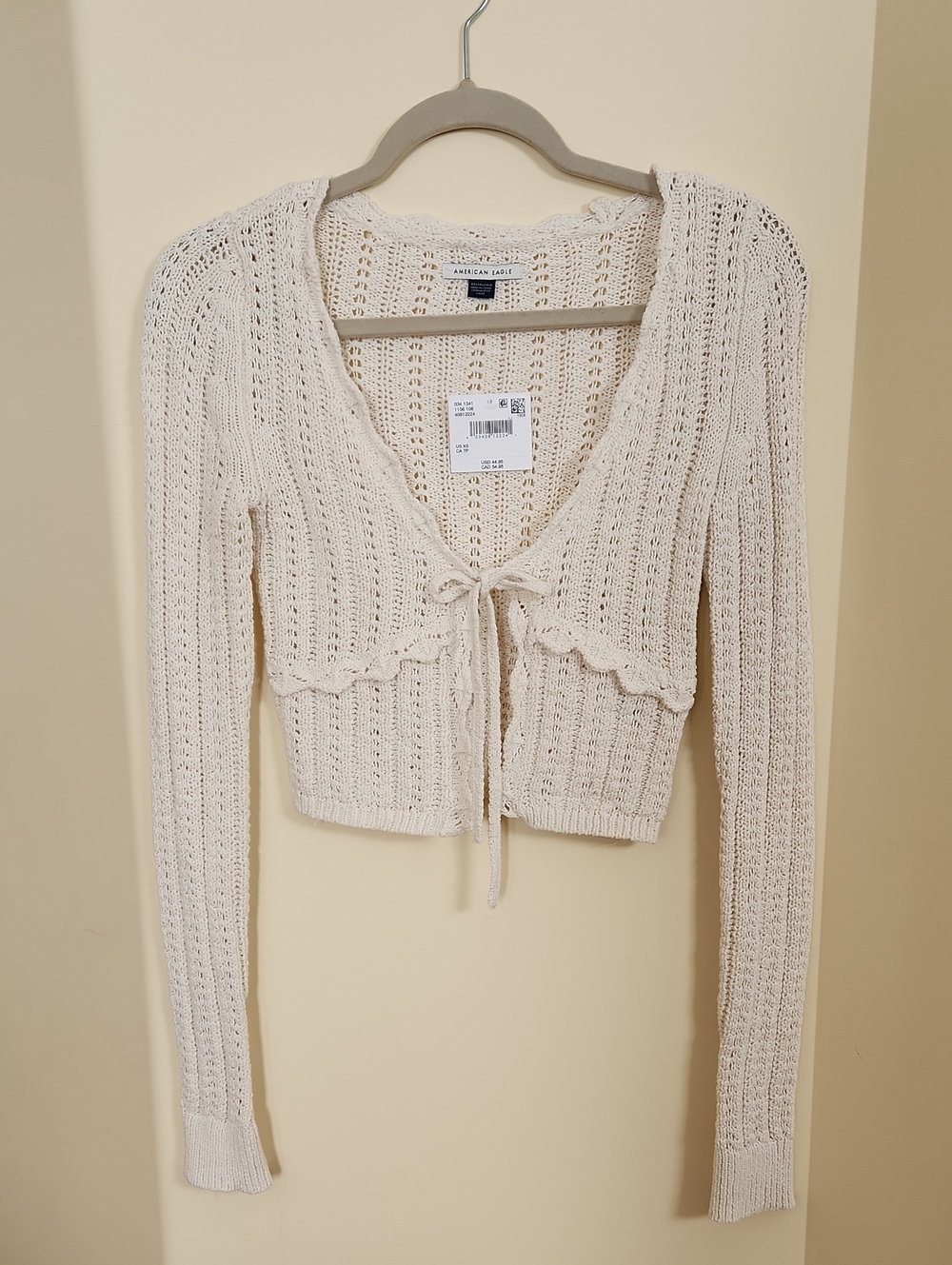 American Eagle Cream Tie-Front Cropped Open-Knit Cardigan NWT
